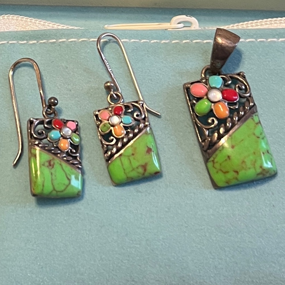Floral Green and Multicolor Sterling Silver Pendant and Earrings Set